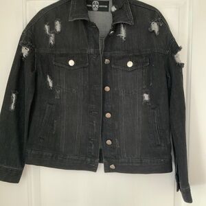 Hipchik Couture beaded Heart Black Denim Jacket ripped distressed Small